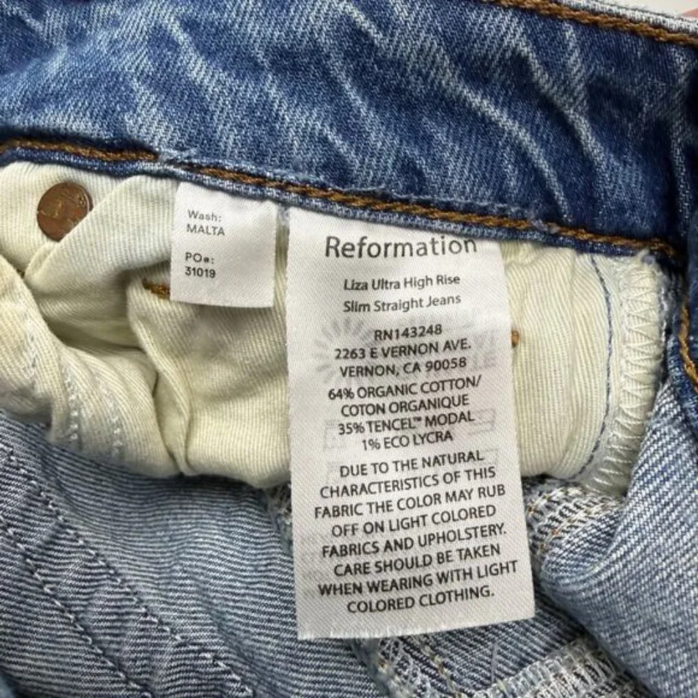 Reformation Liza Ultra High Rise Slim Straight Jeans Malta Blue Women's Size 24 - Picture 4 of 6